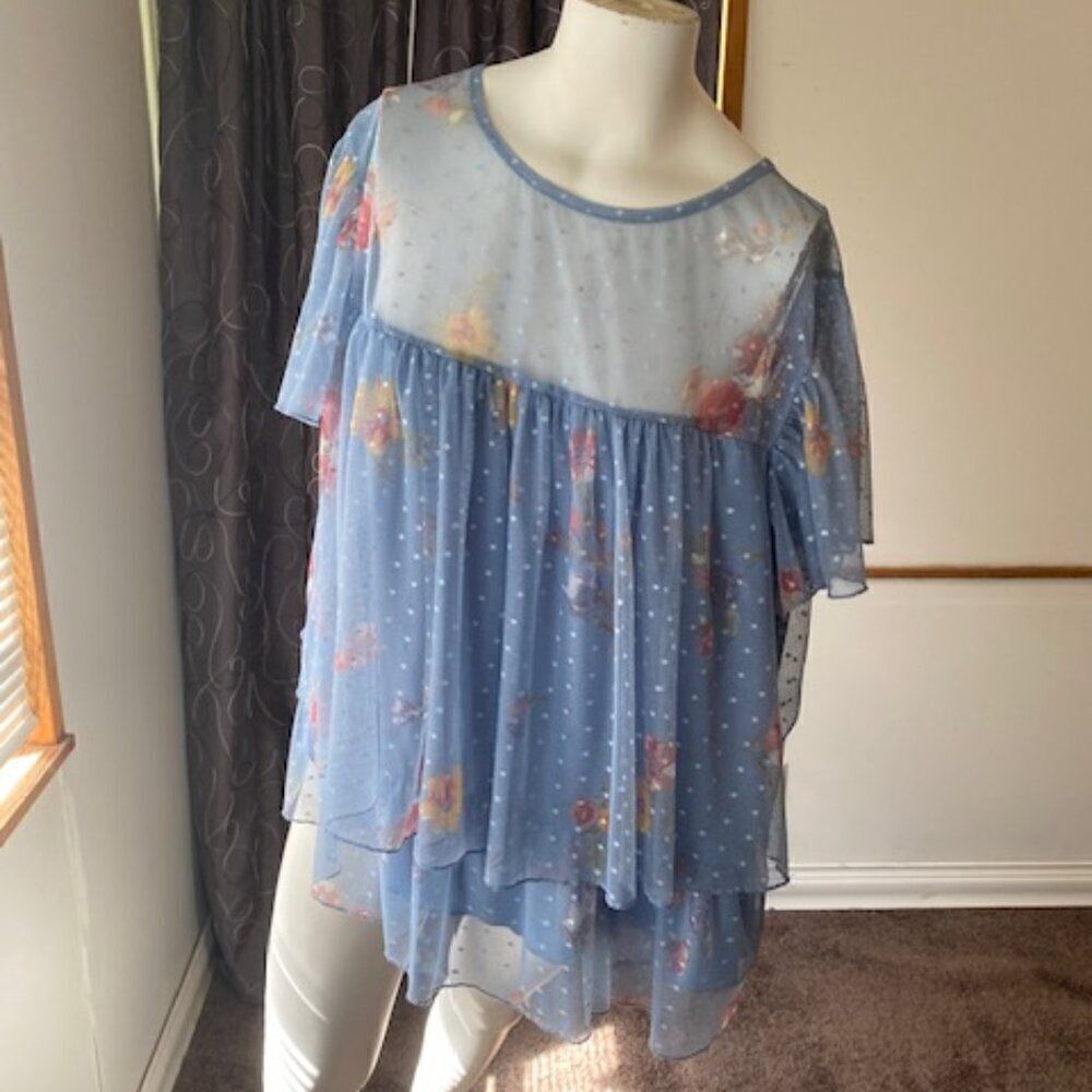 Willow Young Contemporary Blue Floral Mesh tunic, size 2X